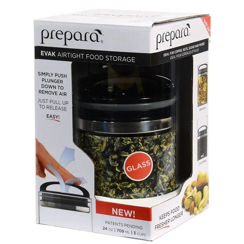 Prepara Evak Airtight Glass Food Storage Canister 24oz Black Soft Touch Handle